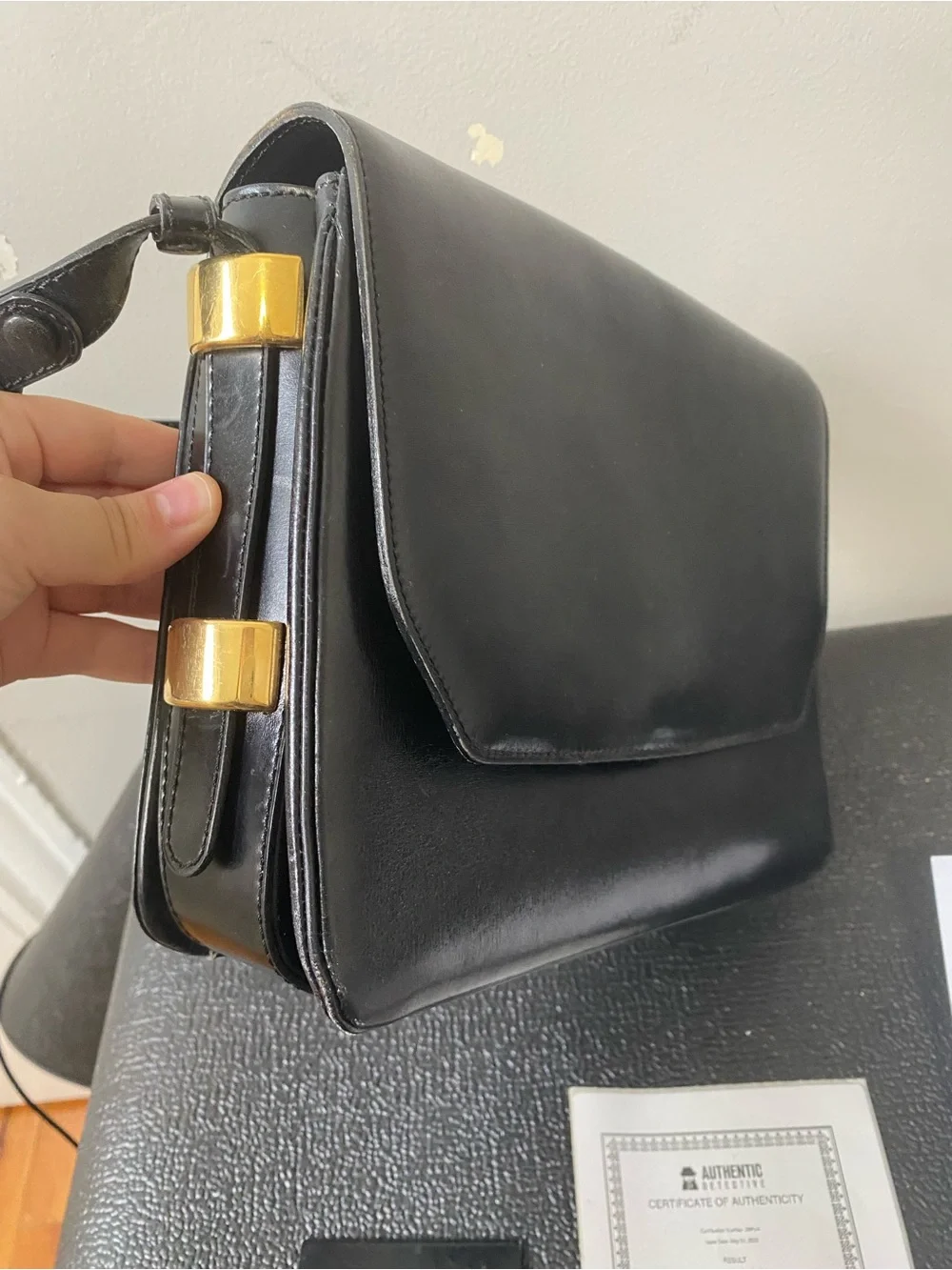 VTG Delvaux Black Flap Snap Closure Adjustable Strap Shoulder to Cross Body Bag